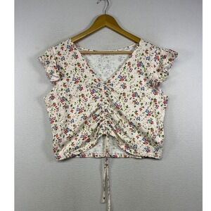 Cottagecore‎ Celebrity Pink Women LG Pink Floral Ruched Flutter Sleeve Crop Top